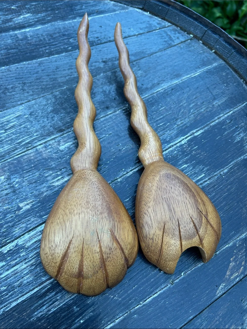 Vintage hand-carved wooden salad server Fork & Spoon set